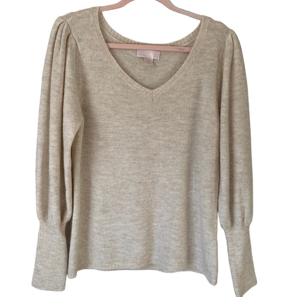 Rachel Parcell Wool Blend Cream Puff Shoulder Bishop Sleeve V-Neck Sweater Sz L - Picture 2 of 11